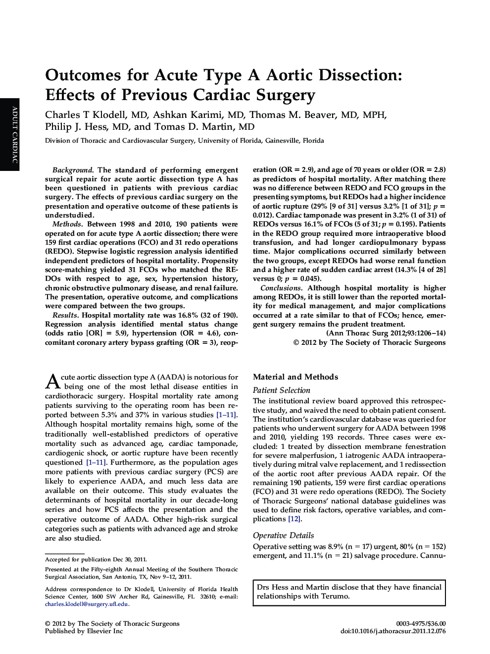 عکس صفحه اول مقاله: Outcomes for Acute Type A Aortic Dissection: Effects of Previous Cardiac Surgery Outcomes for Acute Type A Aortic Dissection: Effects of Previous Cardiac Surgery