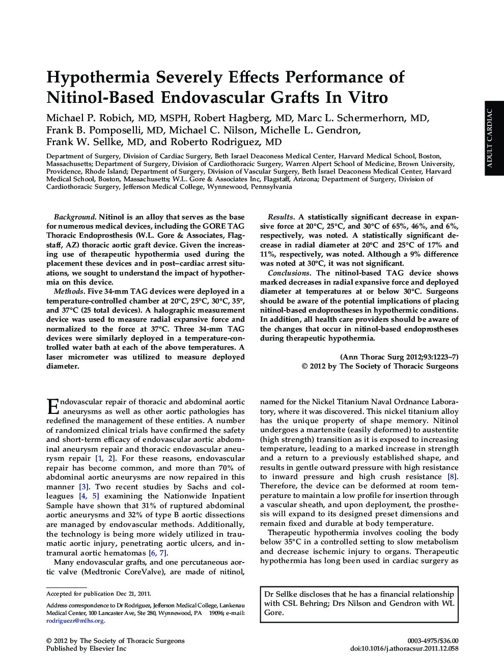 Hypothermia Severely Effects Performance of Nitinol-Based Endovascular Grafts In Vitro