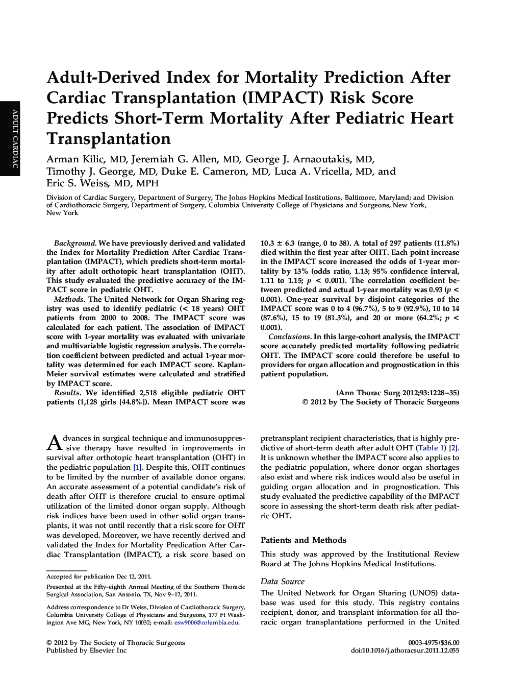 عکس صفحه اول مقاله: Adult-Derived Index for Mortality Prediction After Cardiac Transplantation (IMPACT) Risk Score Predicts Short-Term Mortality After Pediatric Heart Transplantation Adult-Derived Index for Mortality Prediction After Cardiac Transplantation (IMPACT) Risk Score Predicts Short-Term Mortality After Pediatric Heart Transplantation