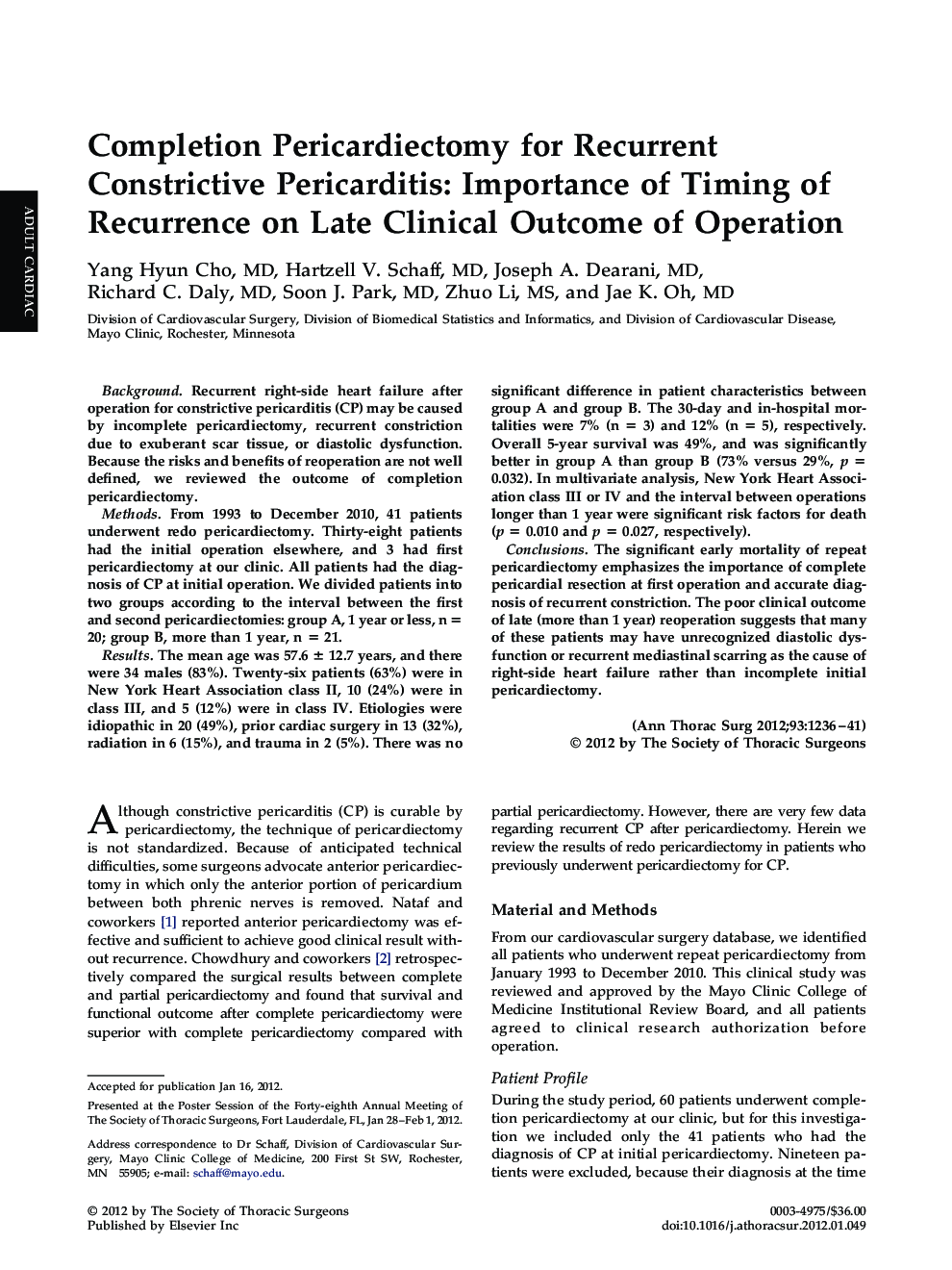 Completion Pericardiectomy for Recurrent Constrictive Pericarditis: Importance of Timing of Recurrence on Late Clinical Outcome of Operation