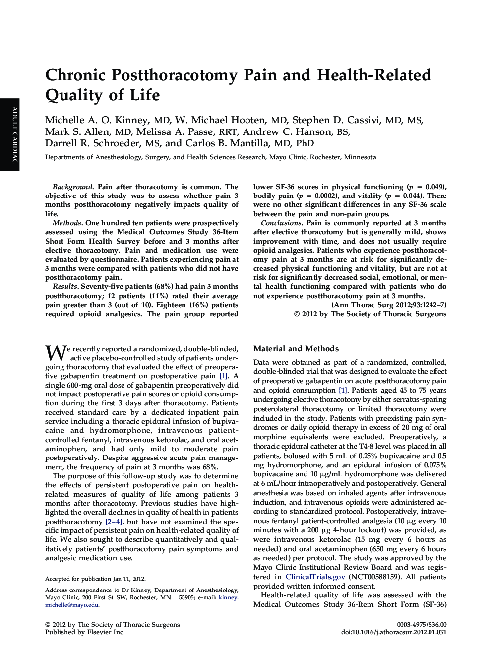 Chronic Postthoracotomy Pain and Health-Related Quality of Life