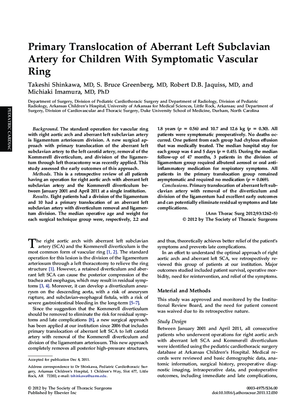 Primary Translocation of Aberrant Left Subclavian Artery for Children With Symptomatic Vascular Ring
