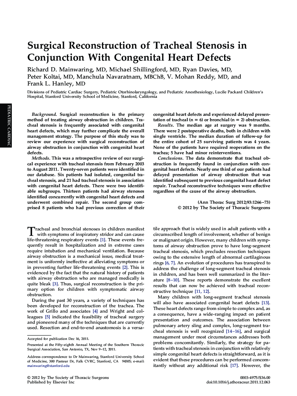 Surgical Reconstruction of Tracheal Stenosis in Conjunction With Congenital Heart Defects