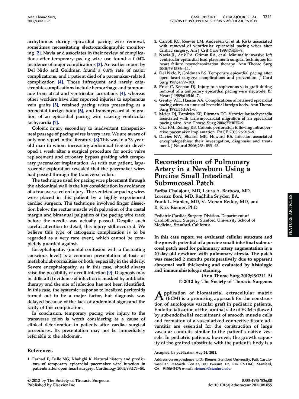 Reconstruction of Pulmonary Artery in a Newborn Using a Porcine Small Intestinal Submucosal Patch