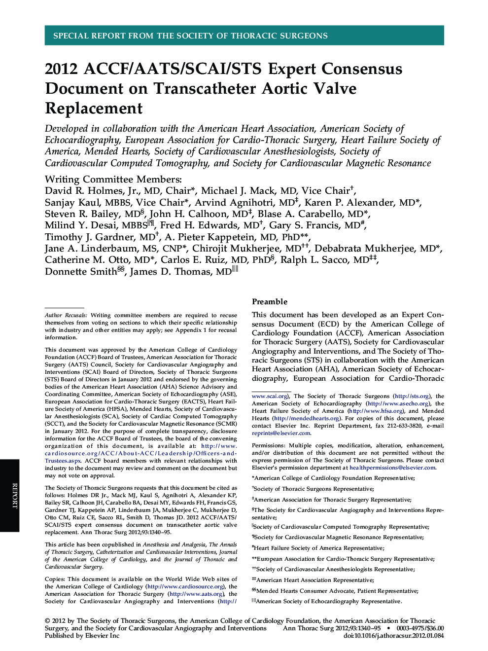 2012 ACCF/AATS/SCAI/STS Expert Consensus Document on Transcatheter Aortic Valve Replacement