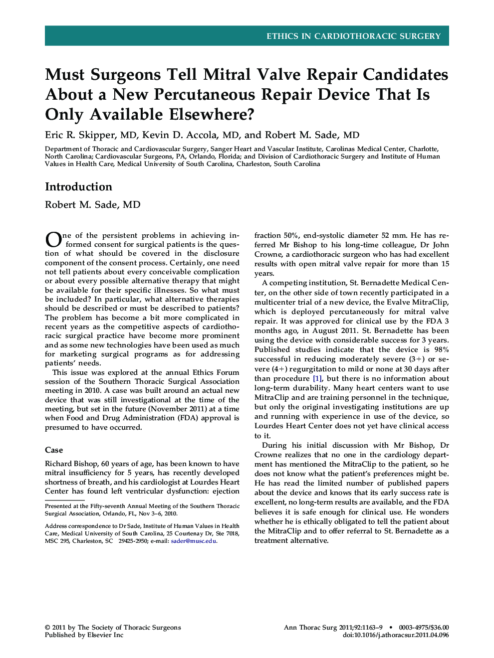Must Surgeons Tell Mitral Valve Repair Candidates About a New Percutaneous Repair Device That Is Only Available Elsewhere?
