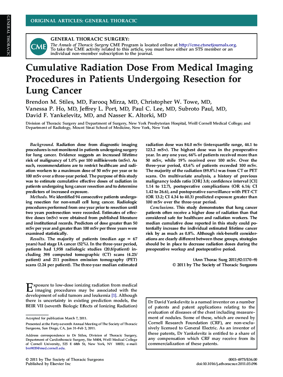 عکس صفحه اول مقاله: Cumulative Radiation Dose From Medical Imaging Procedures in Patients Undergoing Resection for Lung Cancer Cumulative Radiation Dose From Medical Imaging Procedures in Patients Undergoing Resection for Lung Cancer