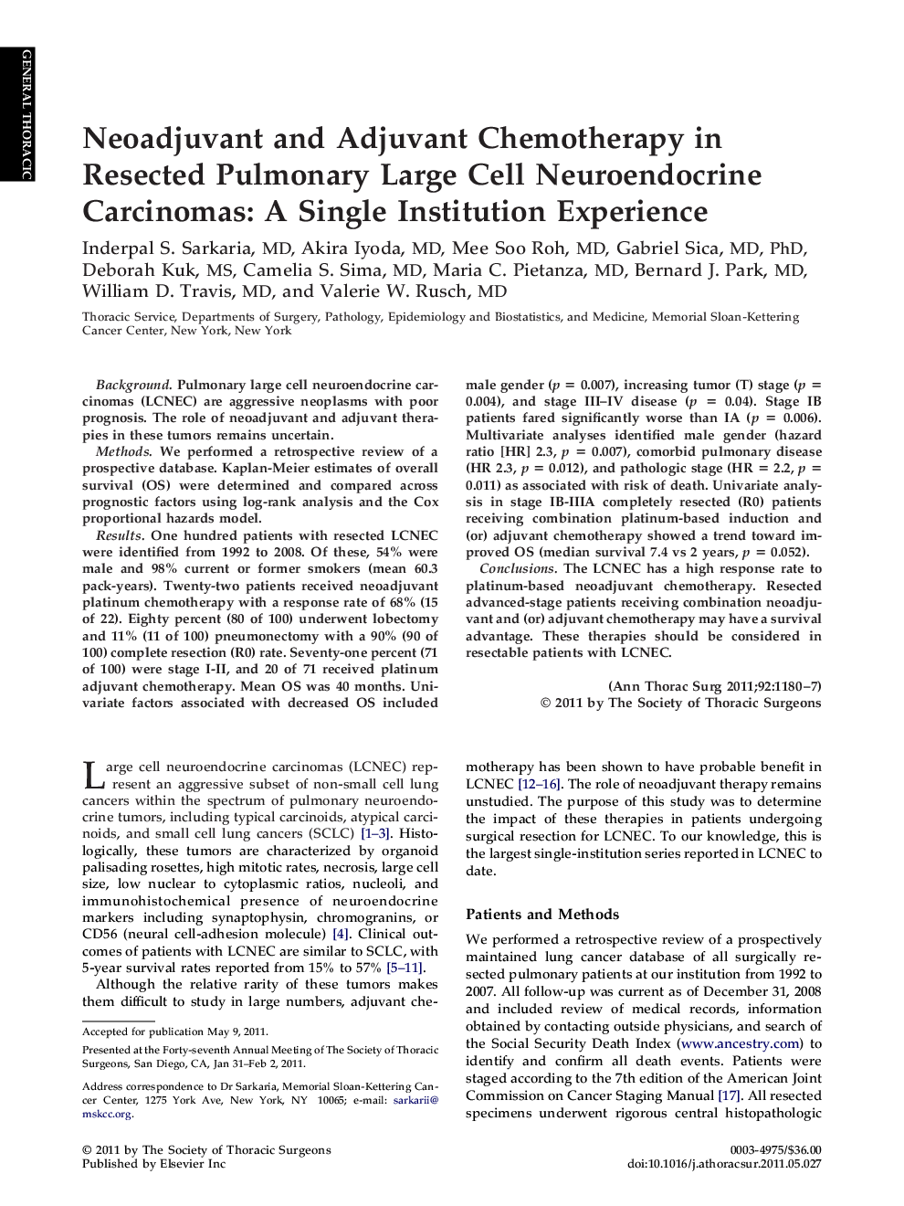 Neoadjuvant and Adjuvant Chemotherapy in Resected Pulmonary Large Cell Neuroendocrine Carcinomas: A Single Institution Experience