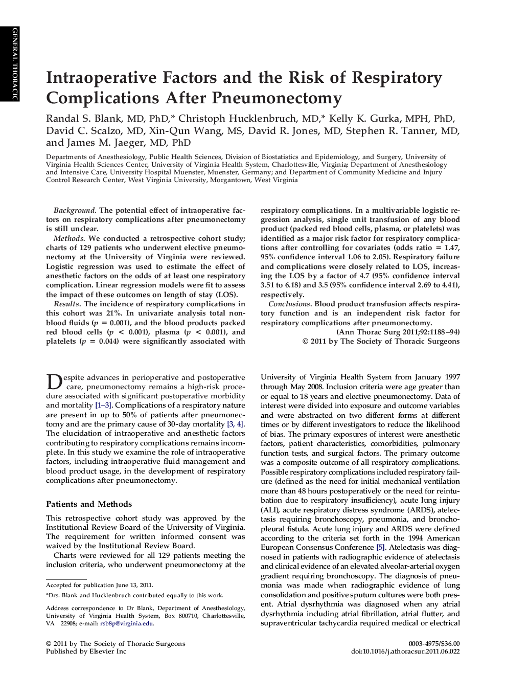Intraoperative Factors and the Risk of Respiratory Complications After Pneumonectomy