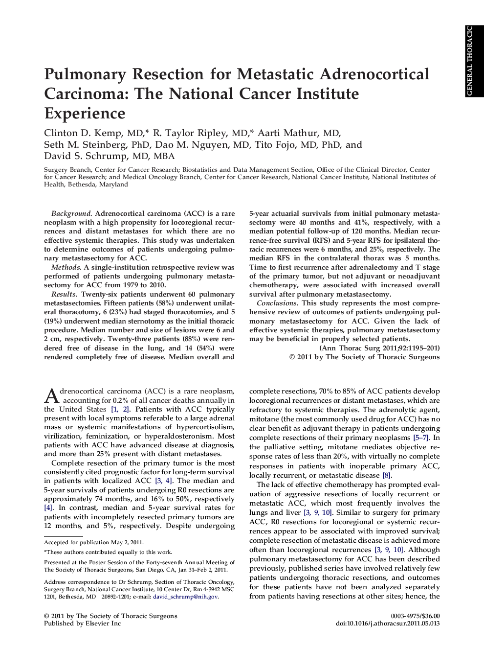 Pulmonary Resection for Metastatic Adrenocortical Carcinoma: The National Cancer Institute Experience