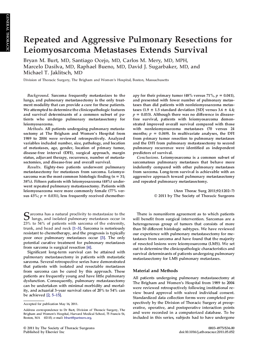 Repeated and Aggressive Pulmonary Resections for Leiomyosarcoma Metastases Extends Survival