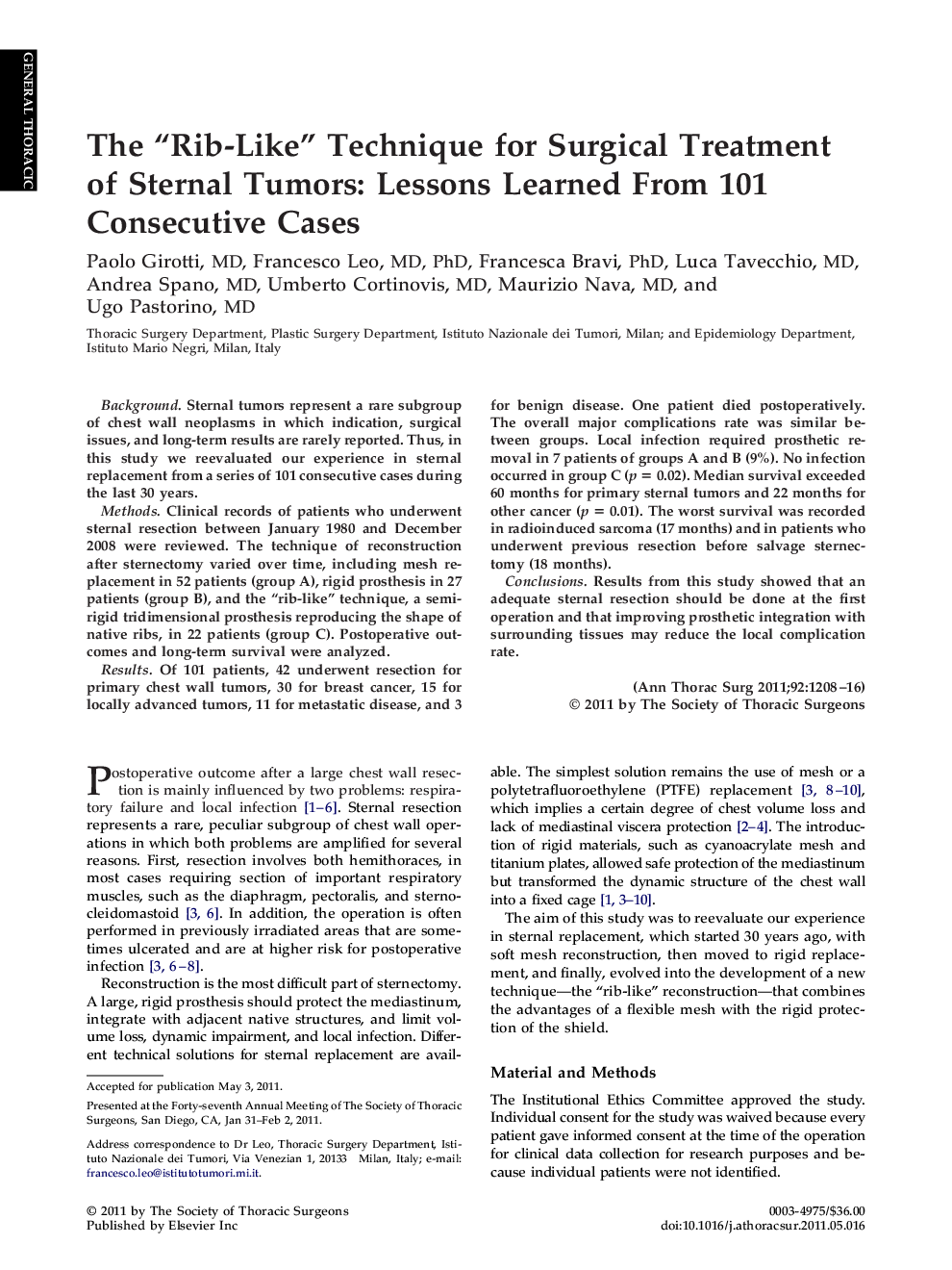 The “Rib-Like” Technique for Surgical Treatment of Sternal Tumors: Lessons Learned From 101 Consecutive Cases