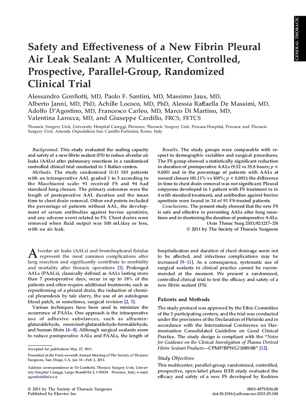 Safety and Effectiveness of a New Fibrin Pleural Air Leak Sealant: A Multicenter, Controlled, Prospective, Parallel-Group, Randomized Clinical Trial