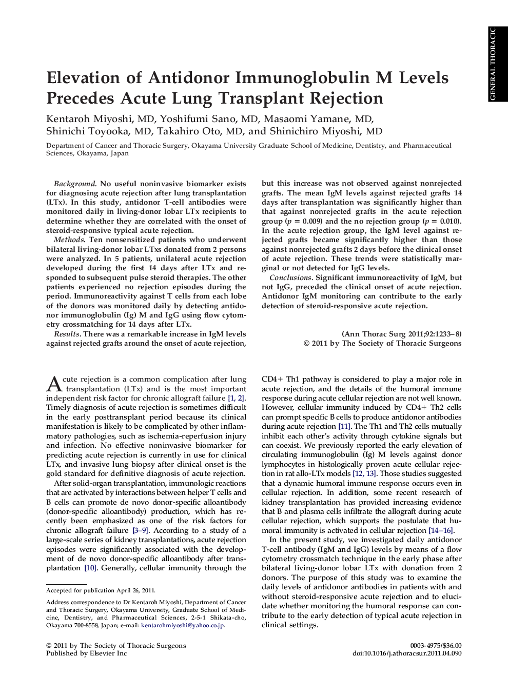 Elevation of Antidonor Immunoglobulin M Levels Precedes Acute Lung Transplant Rejection