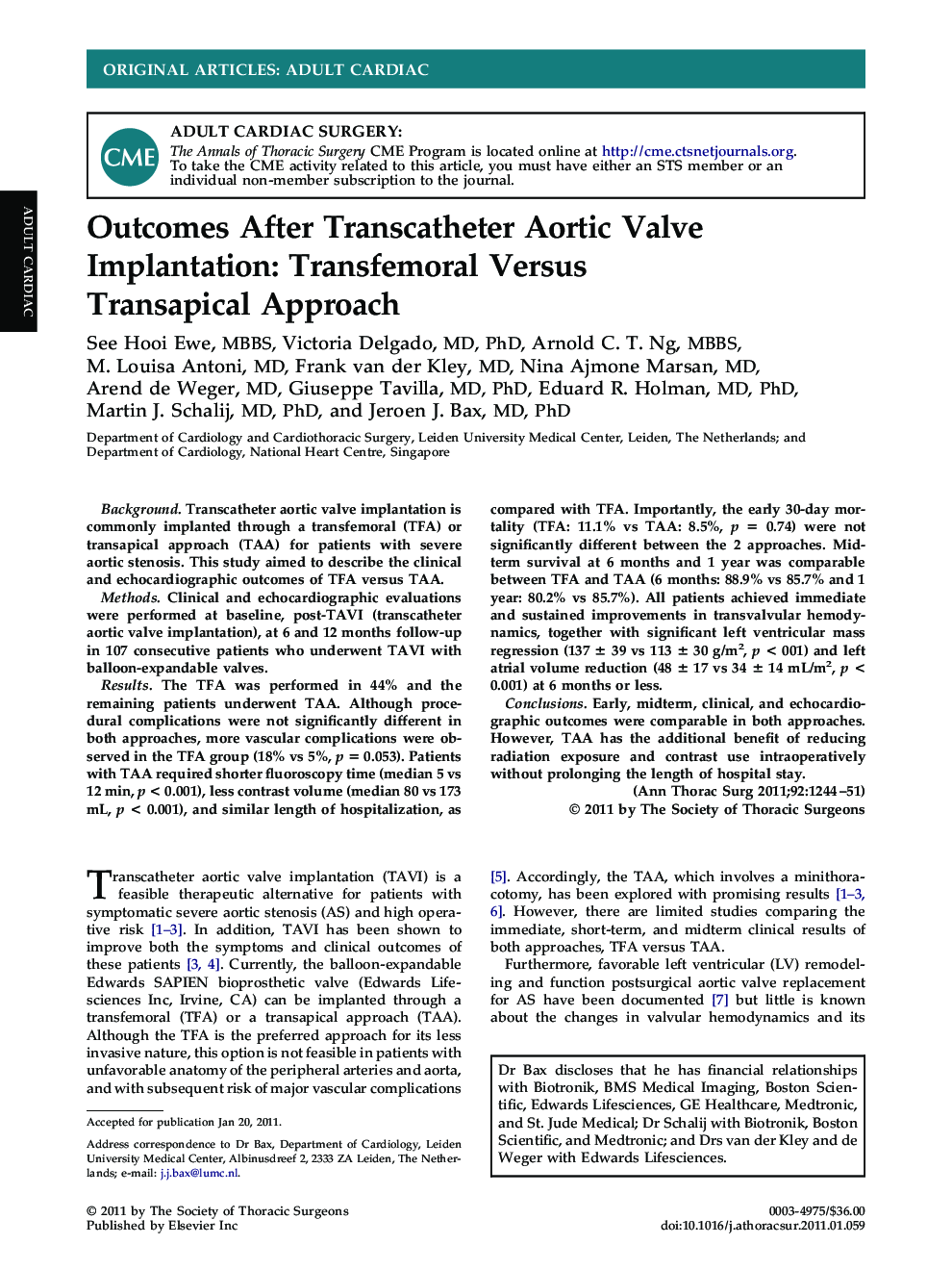 Outcomes After Transcatheter Aortic Valve Implantation: Transfemoral Versus Transapical Approach