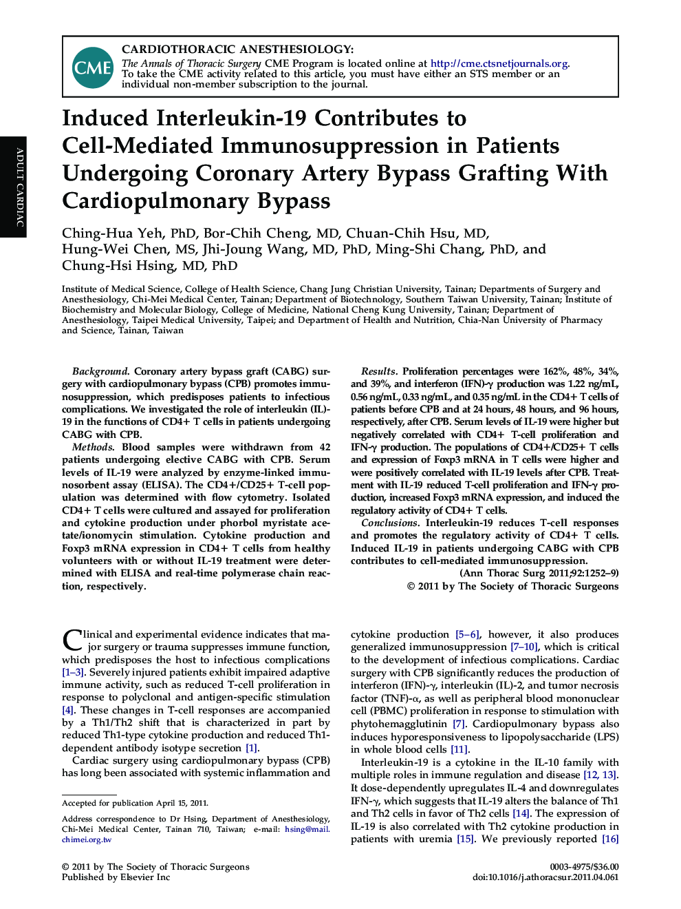 Induced Interleukin-19 Contributes to Cell-Mediated Immunosuppression in Patients Undergoing Coronary Artery Bypass Grafting With Cardiopulmonary Bypass