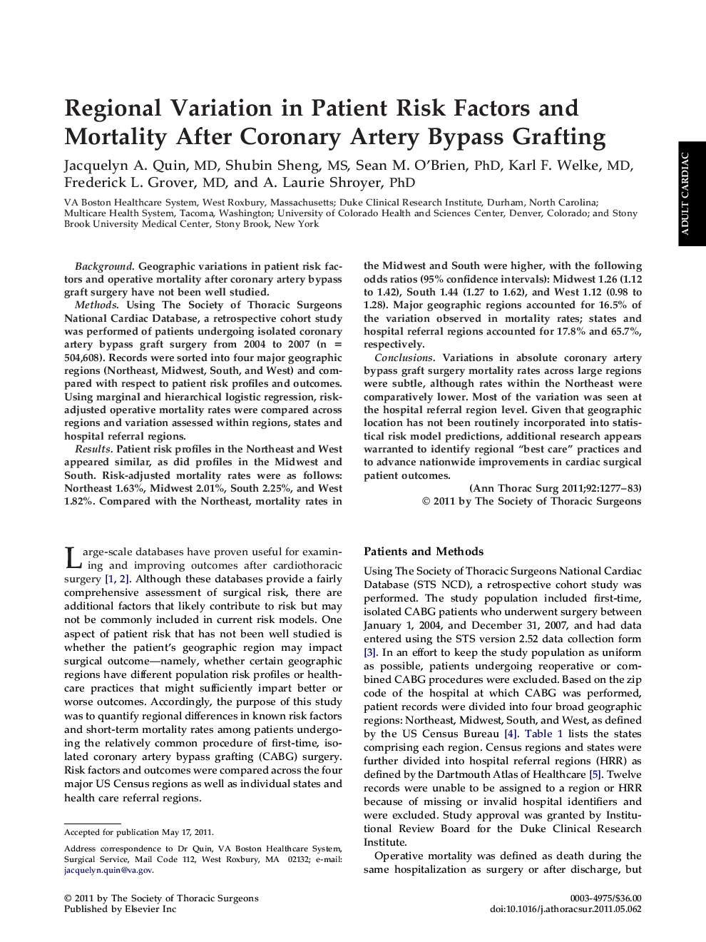 Regional Variation in Patient Risk Factors and Mortality After Coronary Artery Bypass Grafting