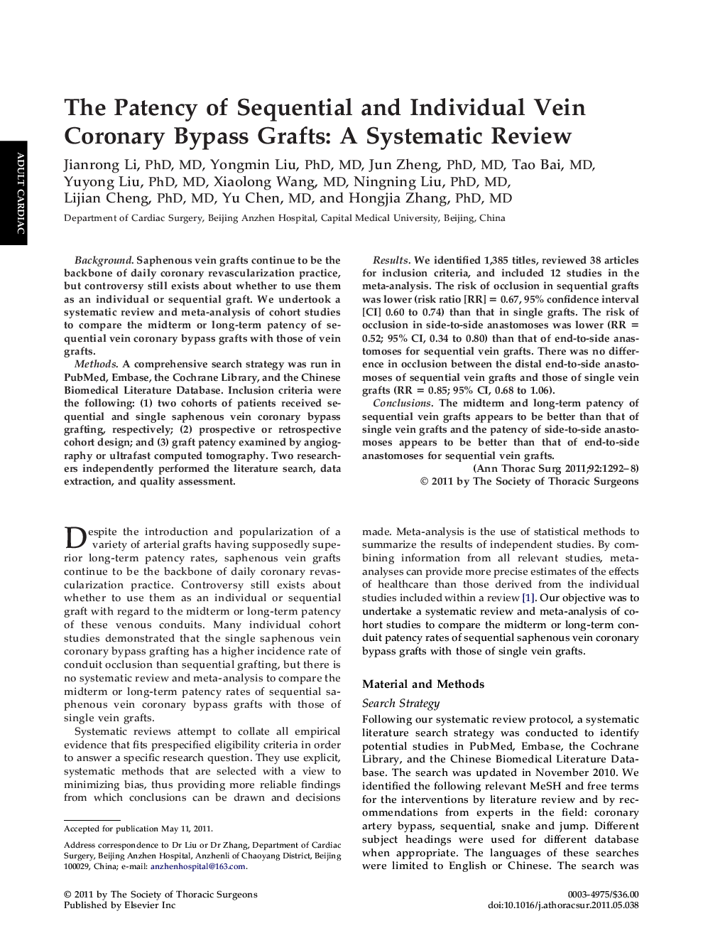 The Patency of Sequential and Individual Vein Coronary Bypass Grafts: A Systematic Review