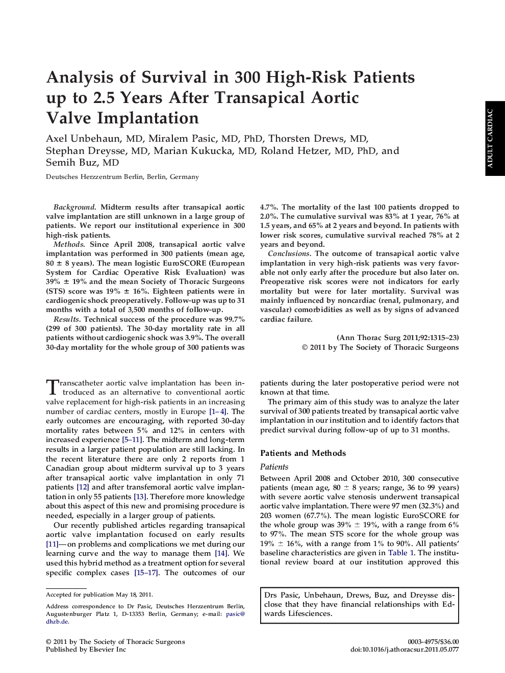 Analysis of Survival in 300 High-Risk Patients up to 2.5 Years After Transapical Aortic Valve Implantation