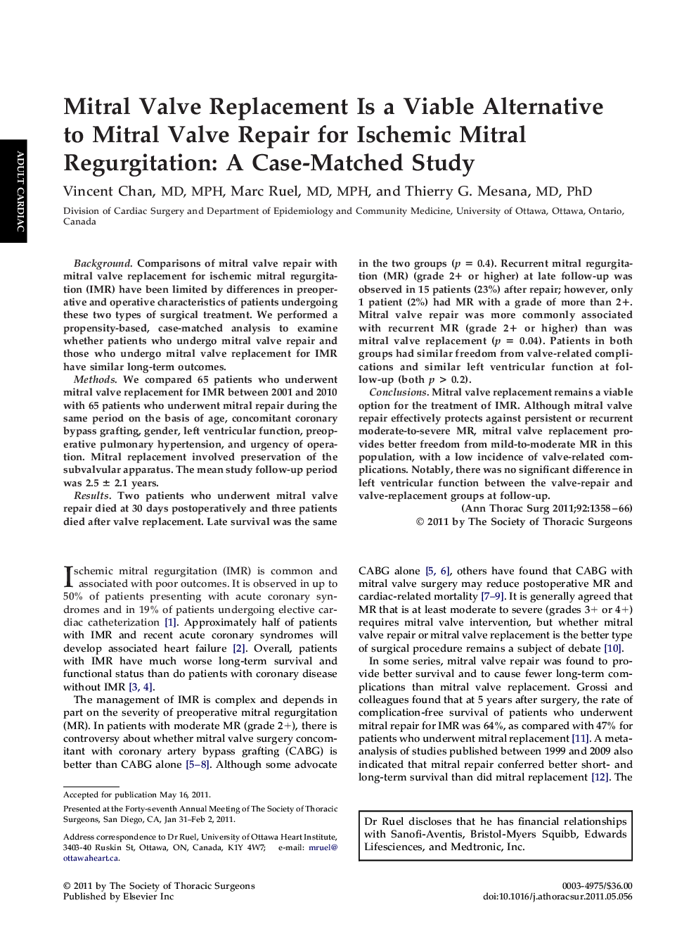 Mitral Valve Replacement Is a Viable Alternative to Mitral Valve Repair for Ischemic Mitral Regurgitation: A Case-Matched Study