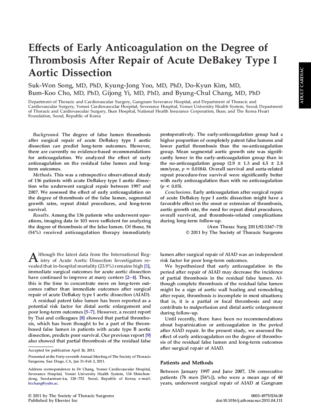 Effects of Early Anticoagulation on the Degree of Thrombosis After Repair of Acute DeBakey Type I Aortic Dissection