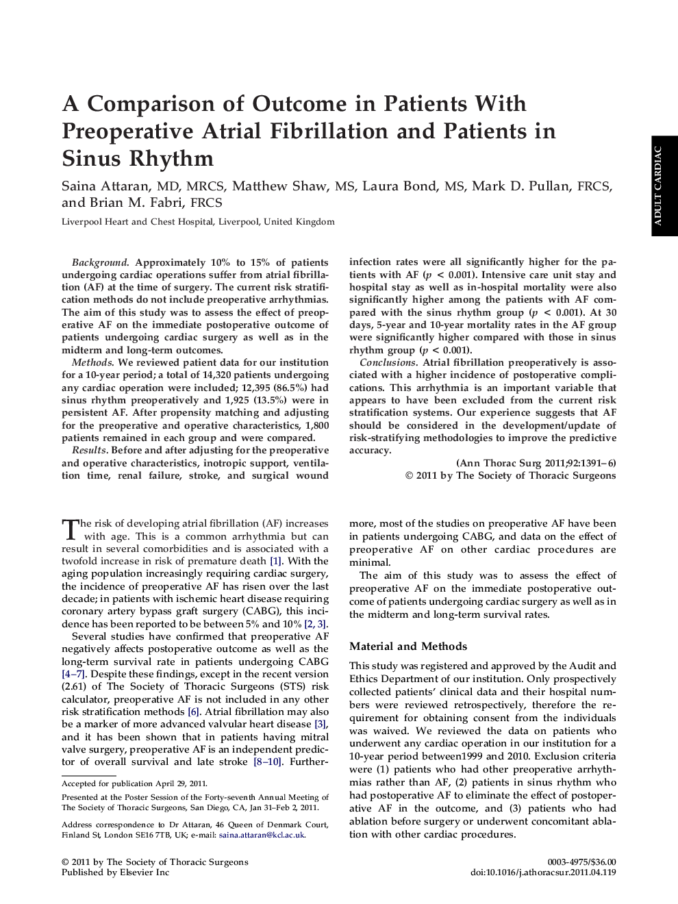 A Comparison of Outcome in Patients With Preoperative Atrial Fibrillation and Patients in Sinus Rhythm