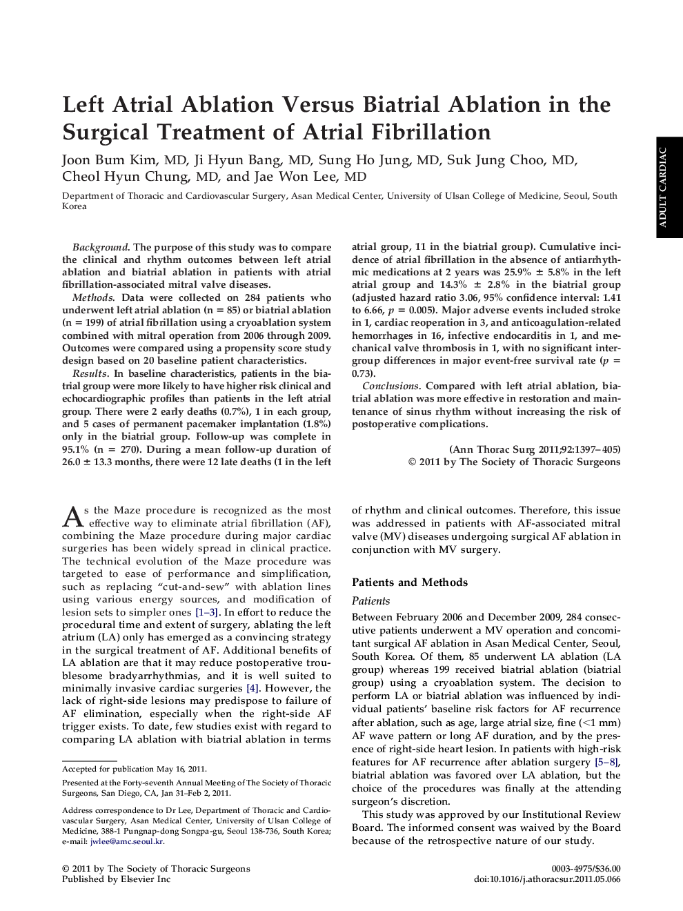 Left Atrial Ablation Versus Biatrial Ablation in the Surgical Treatment of Atrial Fibrillation