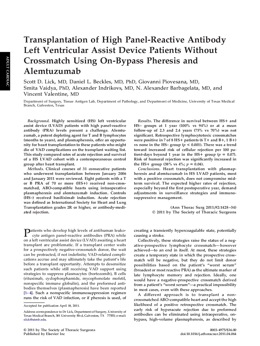 Transplantation of High Panel-Reactive Antibody Left Ventricular Assist Device Patients Without Crossmatch Using On-Bypass Pheresis and Alemtuzumab