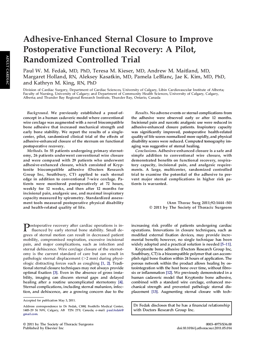 Adhesive-Enhanced Sternal Closure to Improve Postoperative Functional Recovery: A Pilot, Randomized Controlled Trial