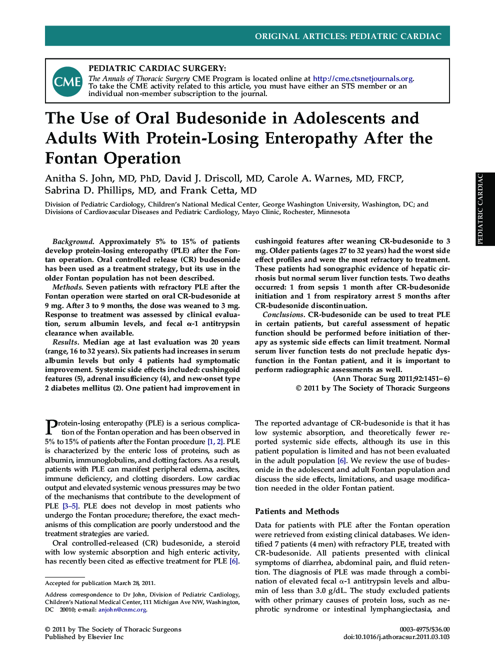 The Use of Oral Budesonide in Adolescents and Adults With Protein-Losing Enteropathy After the Fontan Operation