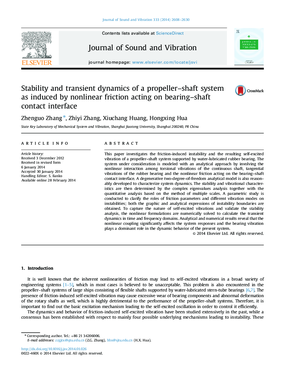 Stability and transient dynamics of a propeller–shaft system as induced by nonlinear friction acting on bearing–shaft contact interface