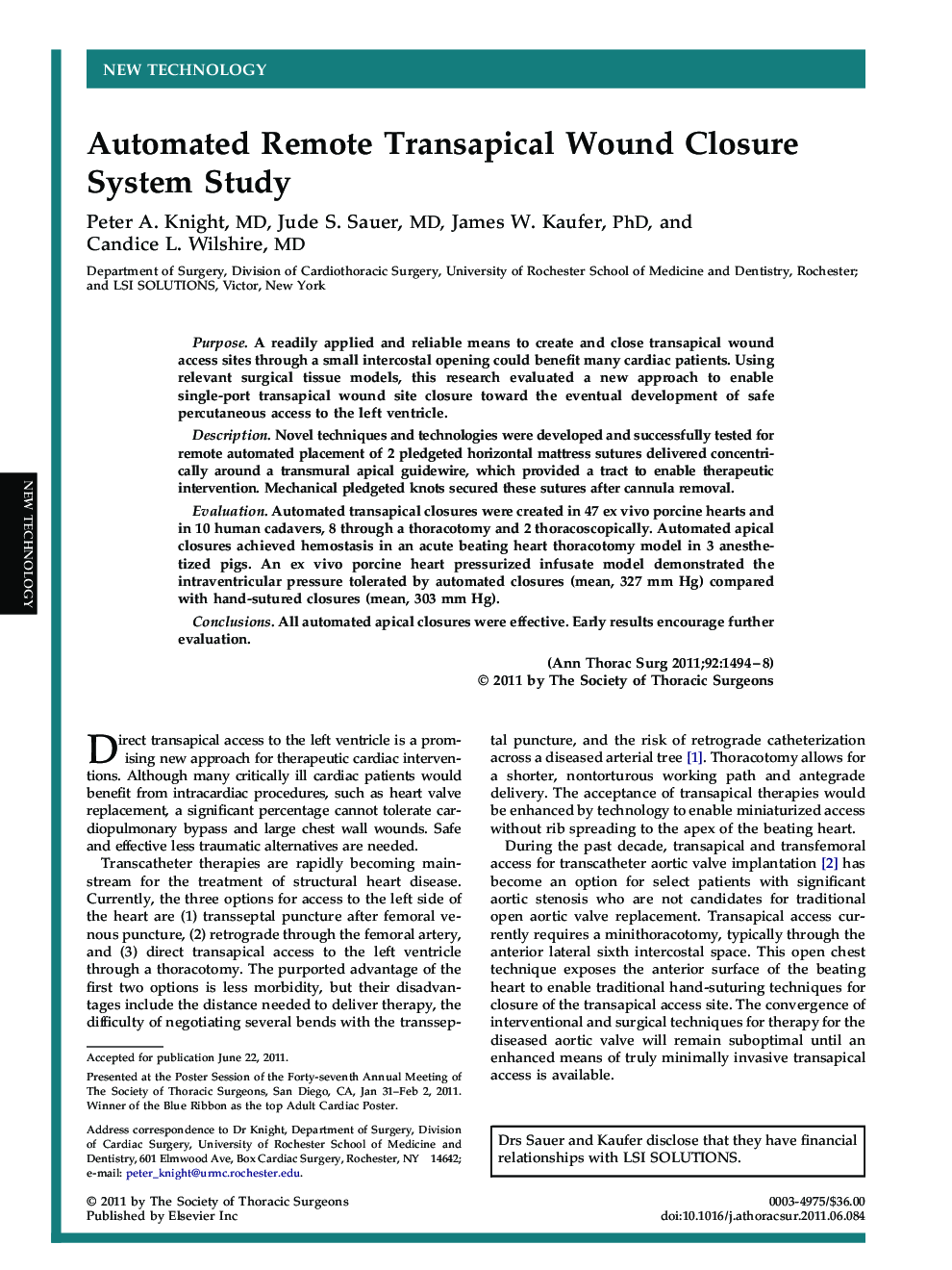 Automated Remote Transapical Wound Closure System Study