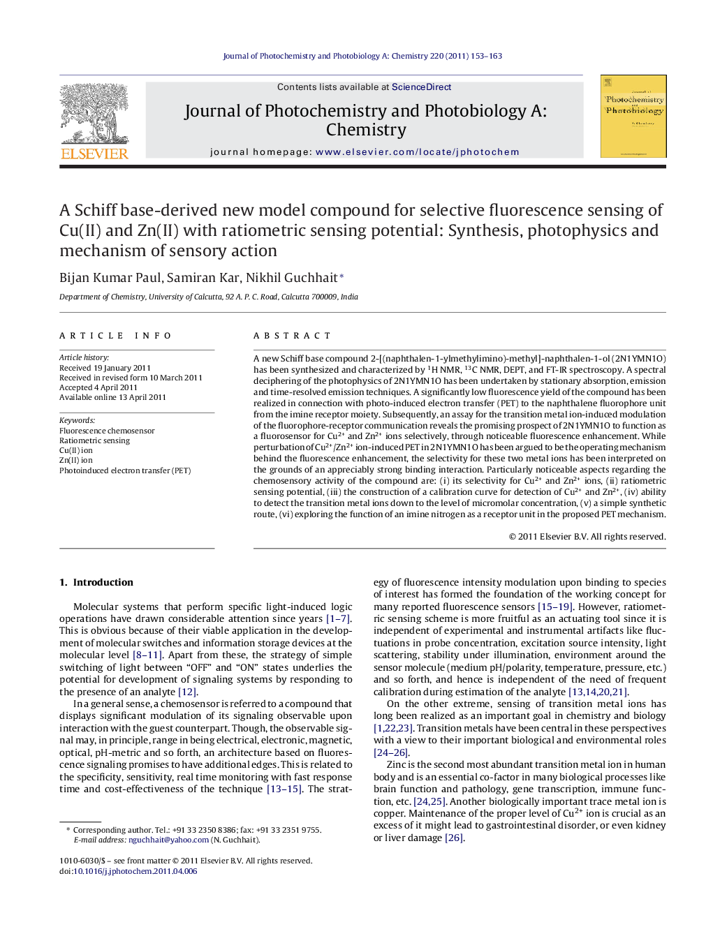 A Schiff base-derived new model compound for selective fluorescence sensing of Cu(II) and Zn(II) with ratiometric sensing potential: Synthesis, photophysics and mechanism of sensory action