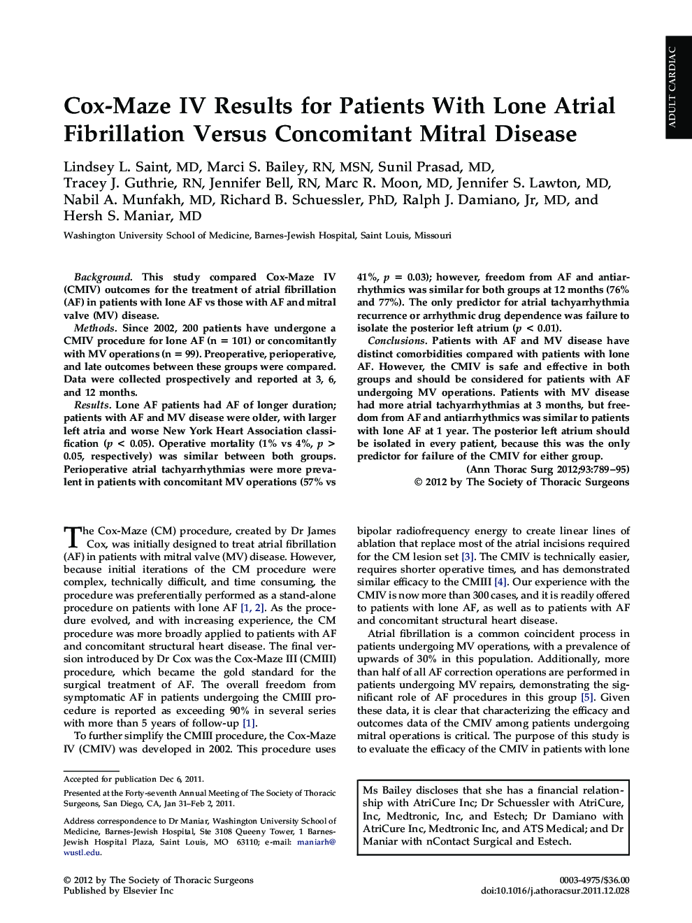 عکس صفحه اول مقاله: Cox-Maze IV Results for Patients With Lone Atrial Fibrillation Versus Concomitant Mitral Disease Cox-Maze IV Results for Patients With Lone Atrial Fibrillation Versus Concomitant Mitral Disease