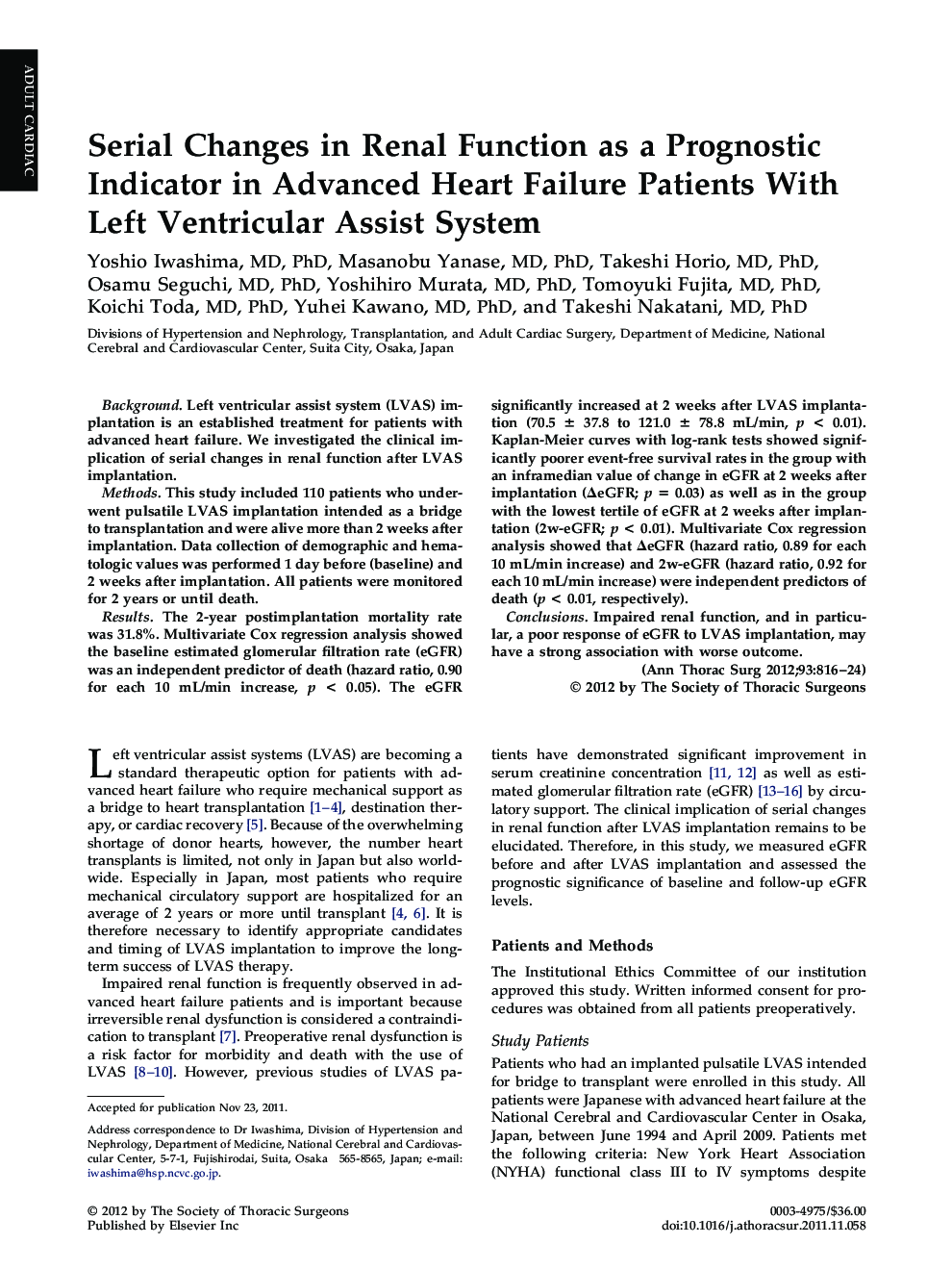 Serial Changes in Renal Function as a Prognostic Indicator in Advanced Heart Failure Patients With Left Ventricular Assist System