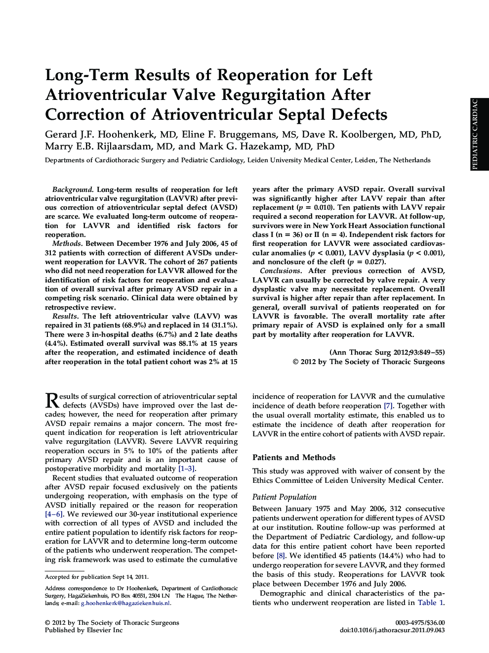 Long-Term Results of Reoperation for Left Atrioventricular Valve Regurgitation After Correction of Atrioventricular Septal Defects