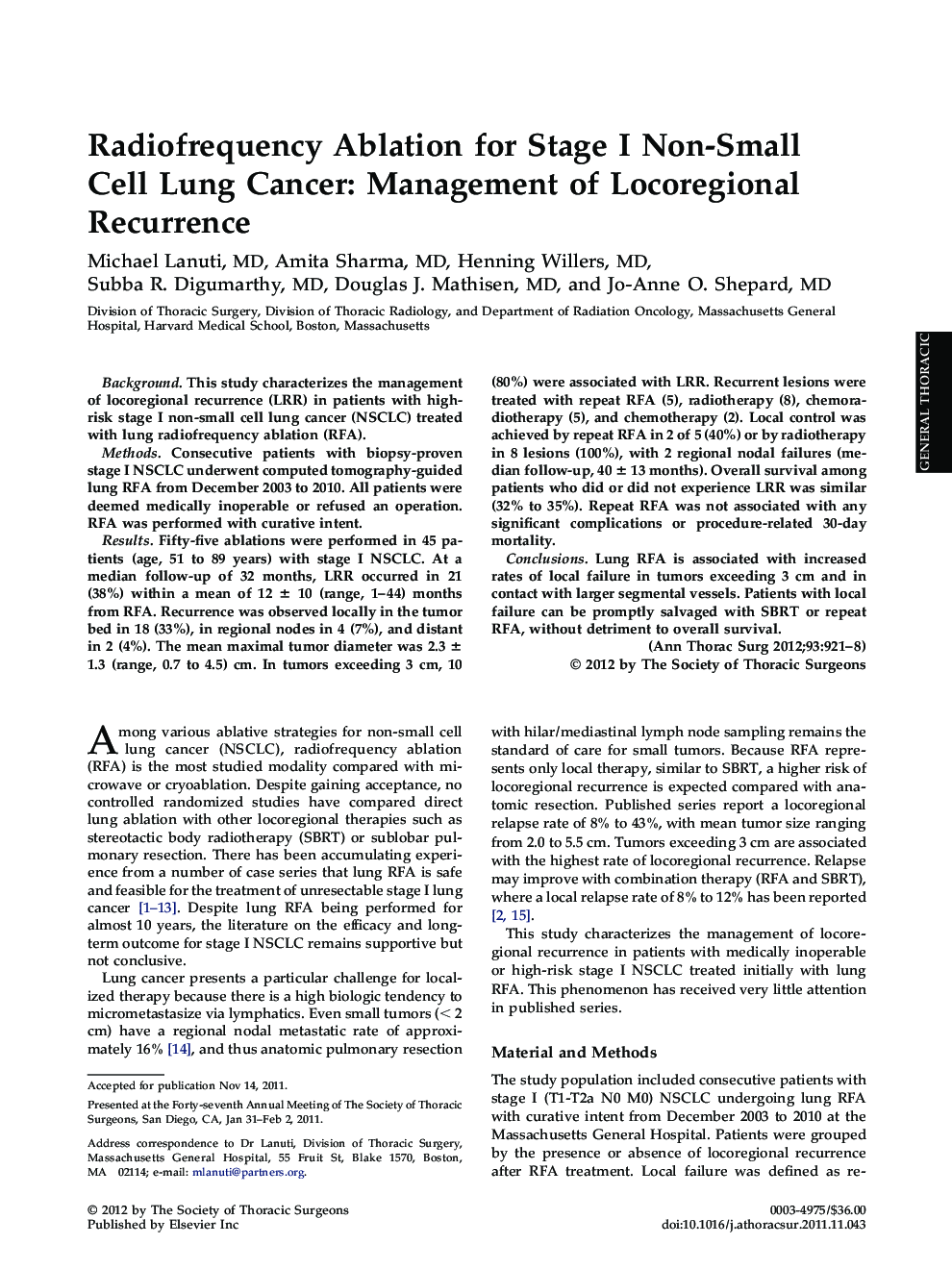 Radiofrequency Ablation for Stage I Non-Small Cell Lung Cancer: Management of Locoregional Recurrence