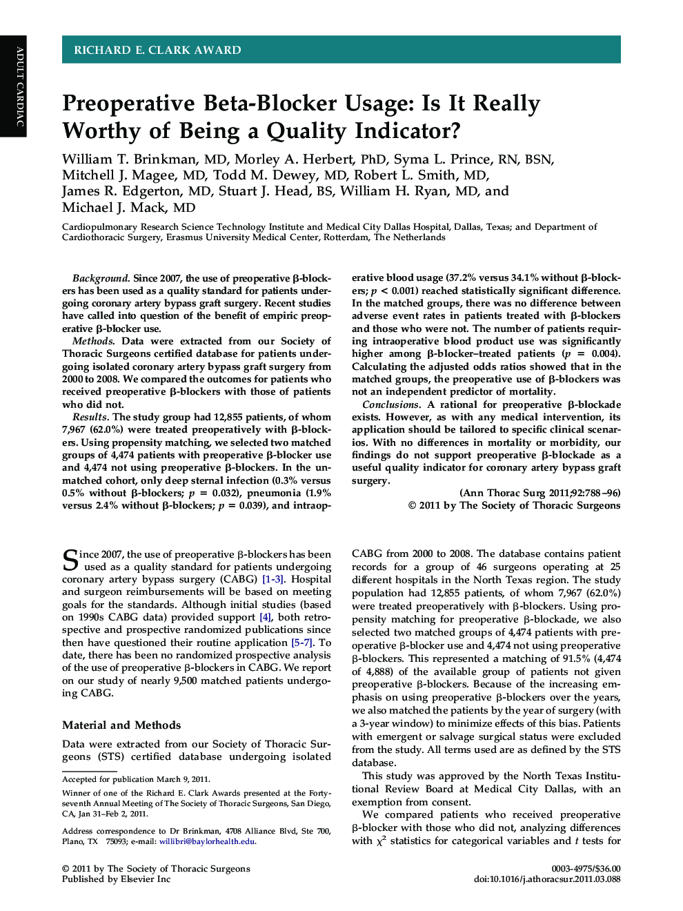 Preoperative Beta-Blocker Usage: Is It Really Worthy of Being a Quality Indicator?