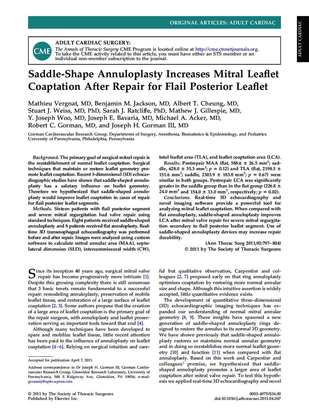 Saddle-Shape Annuloplasty Increases Mitral Leaflet Coaptation After Repair for Flail Posterior Leaflet