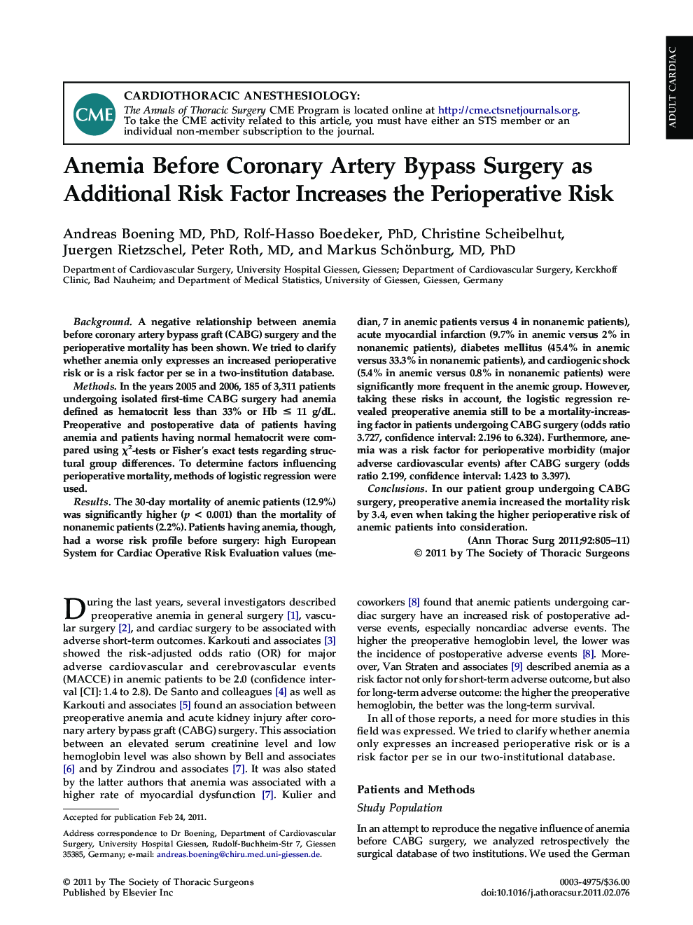 عکس صفحه اول مقاله: Anemia Before Coronary Artery Bypass Surgery as Additional Risk Factor Increases the Perioperative Risk Anemia Before Coronary Artery Bypass Surgery as Additional Risk Factor Increases the Perioperative Risk