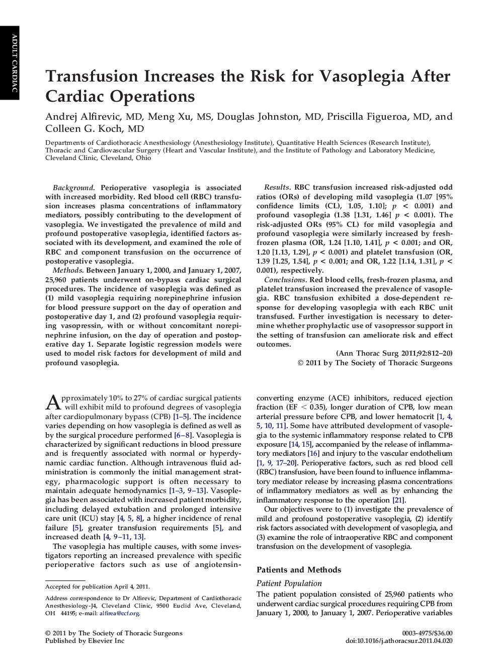 Transfusion Increases the Risk for Vasoplegia After Cardiac Operations