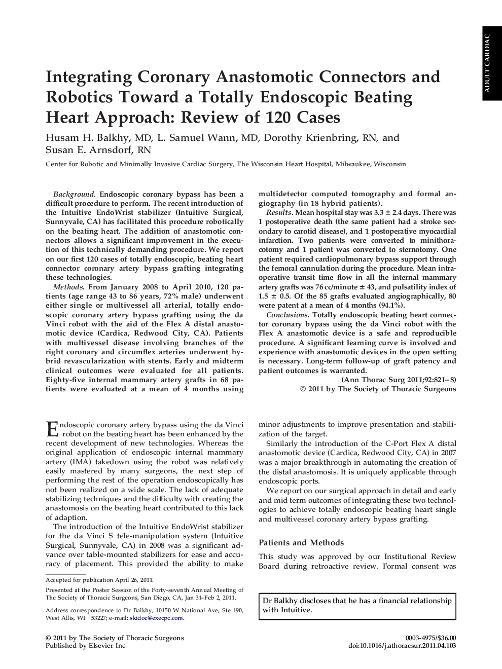 Integrating Coronary Anastomotic Connectors and Robotics Toward a Totally Endoscopic Beating Heart Approach: Review of 120 Cases