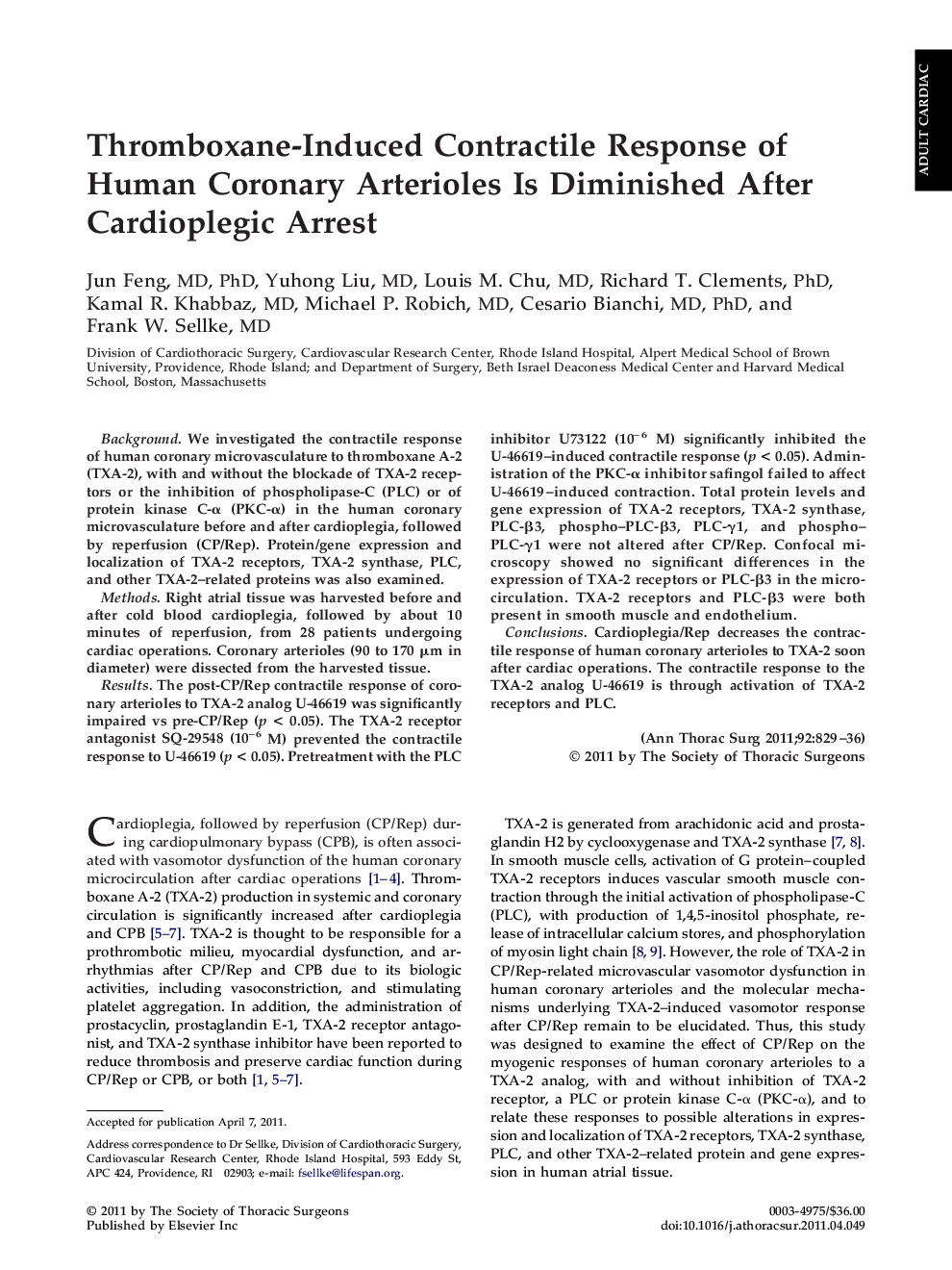 Thromboxane-Induced Contractile Response of Human Coronary Arterioles Is Diminished After Cardioplegic Arrest