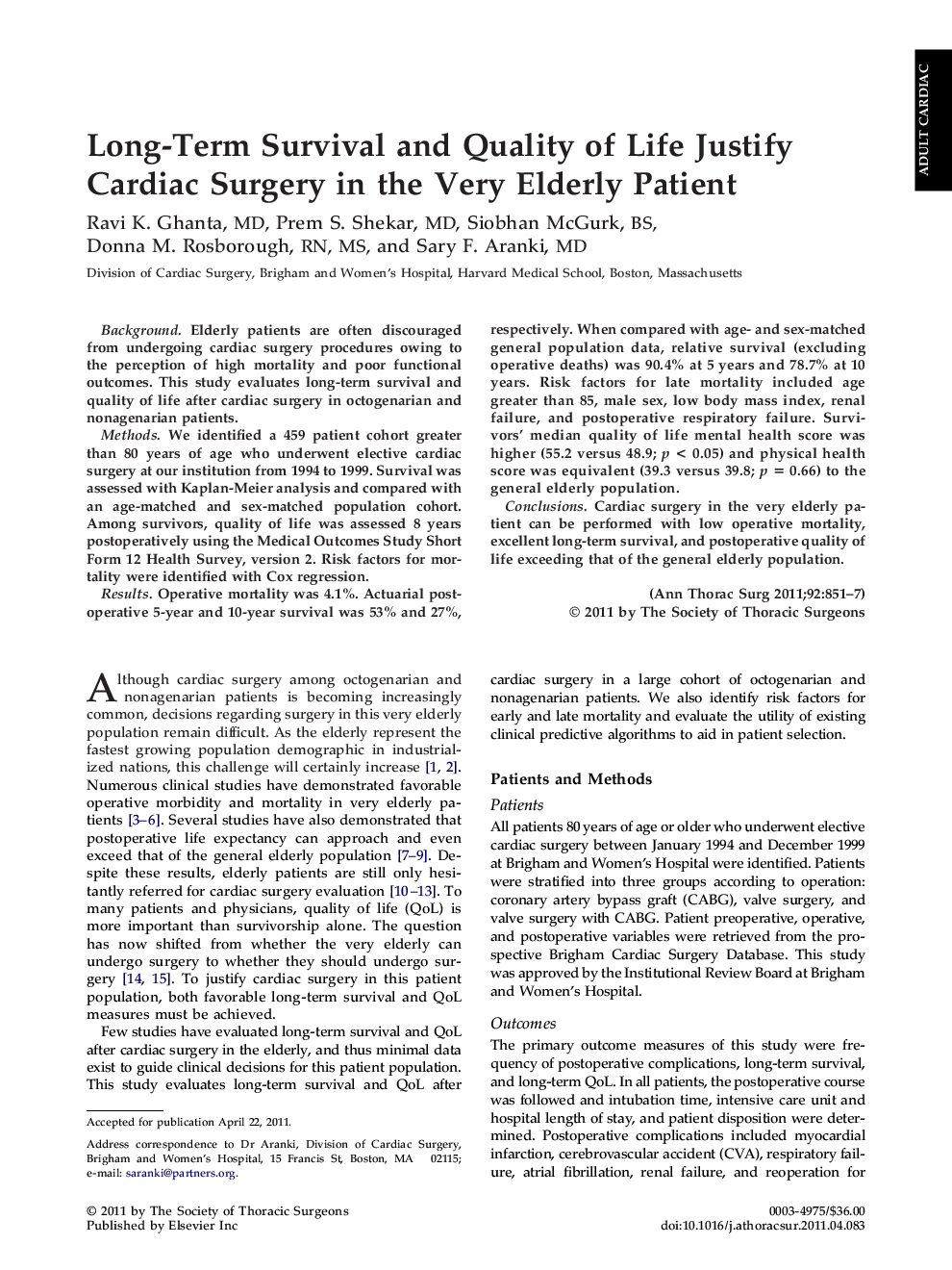 Long-Term Survival and Quality of Life Justify Cardiac Surgery in the Very Elderly Patient