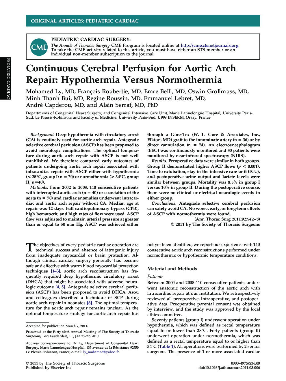 Continuous Cerebral Perfusion for Aortic Arch Repair: Hypothermia Versus Normothermia