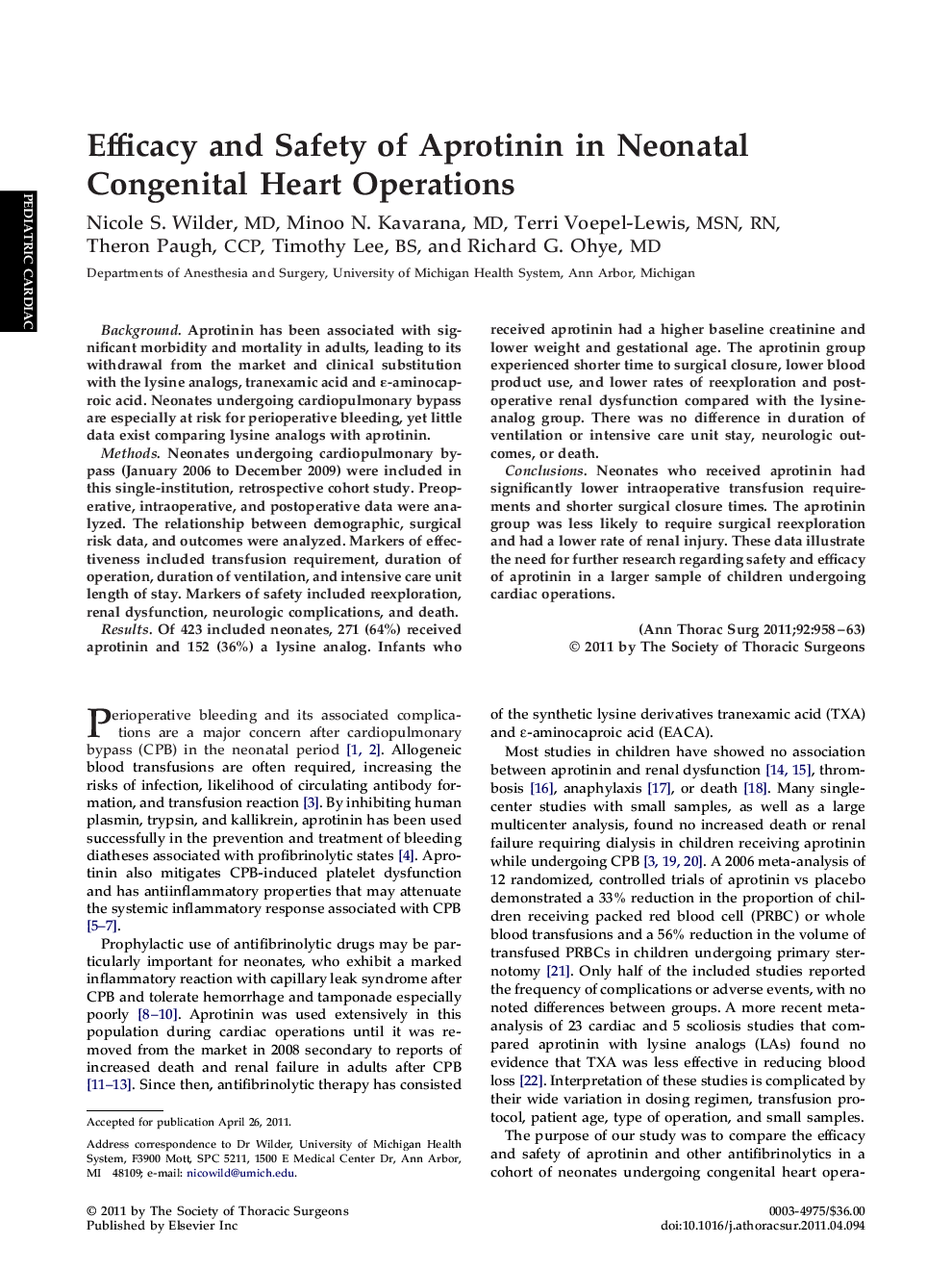 Efficacy and Safety of Aprotinin in Neonatal Congenital Heart Operations