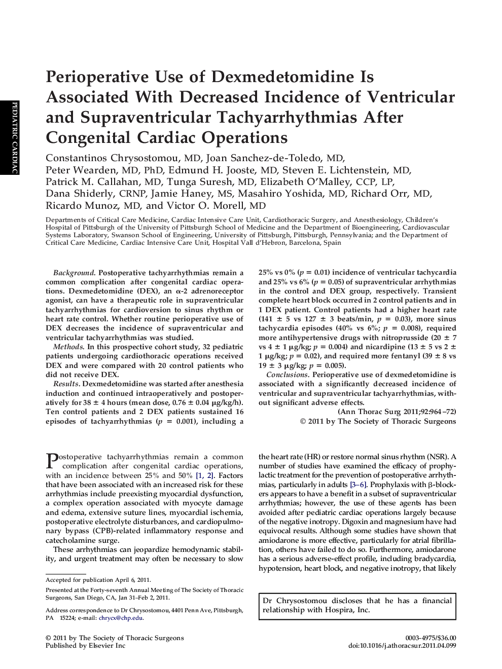 عکس صفحه اول مقاله: Perioperative Use of Dexmedetomidine Is Associated With Decreased Incidence of Ventricular and Supraventricular Tachyarrhythmias After Congenital Cardiac Operations Perioperative Use of Dexmedetomidine Is Associated With Decreased Incidence of Ventricular and Supraventricular Tachyarrhythmias After Congenital Cardiac Operations