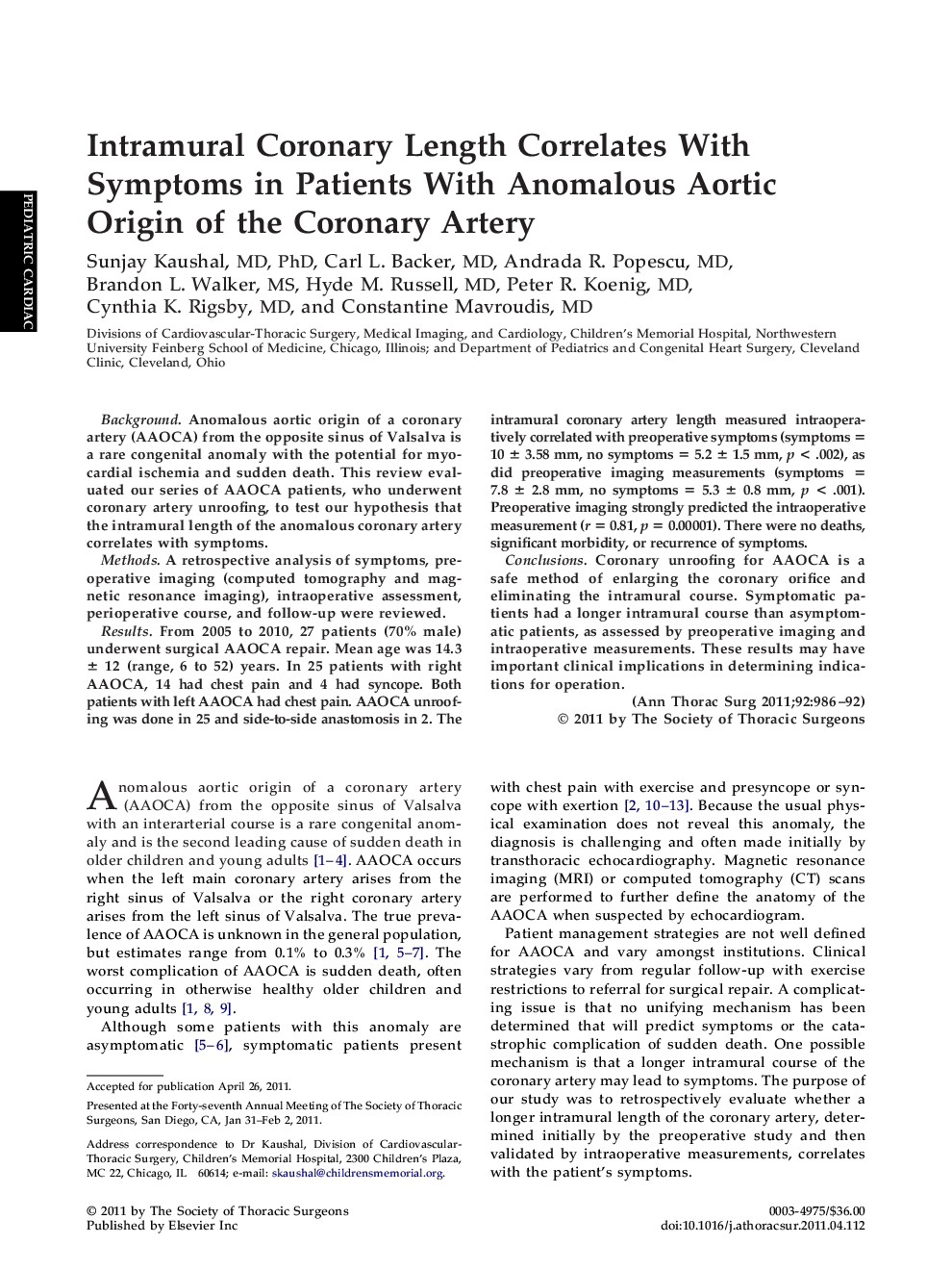 Intramural Coronary Length Correlates With Symptoms in Patients With Anomalous Aortic Origin of the Coronary Artery