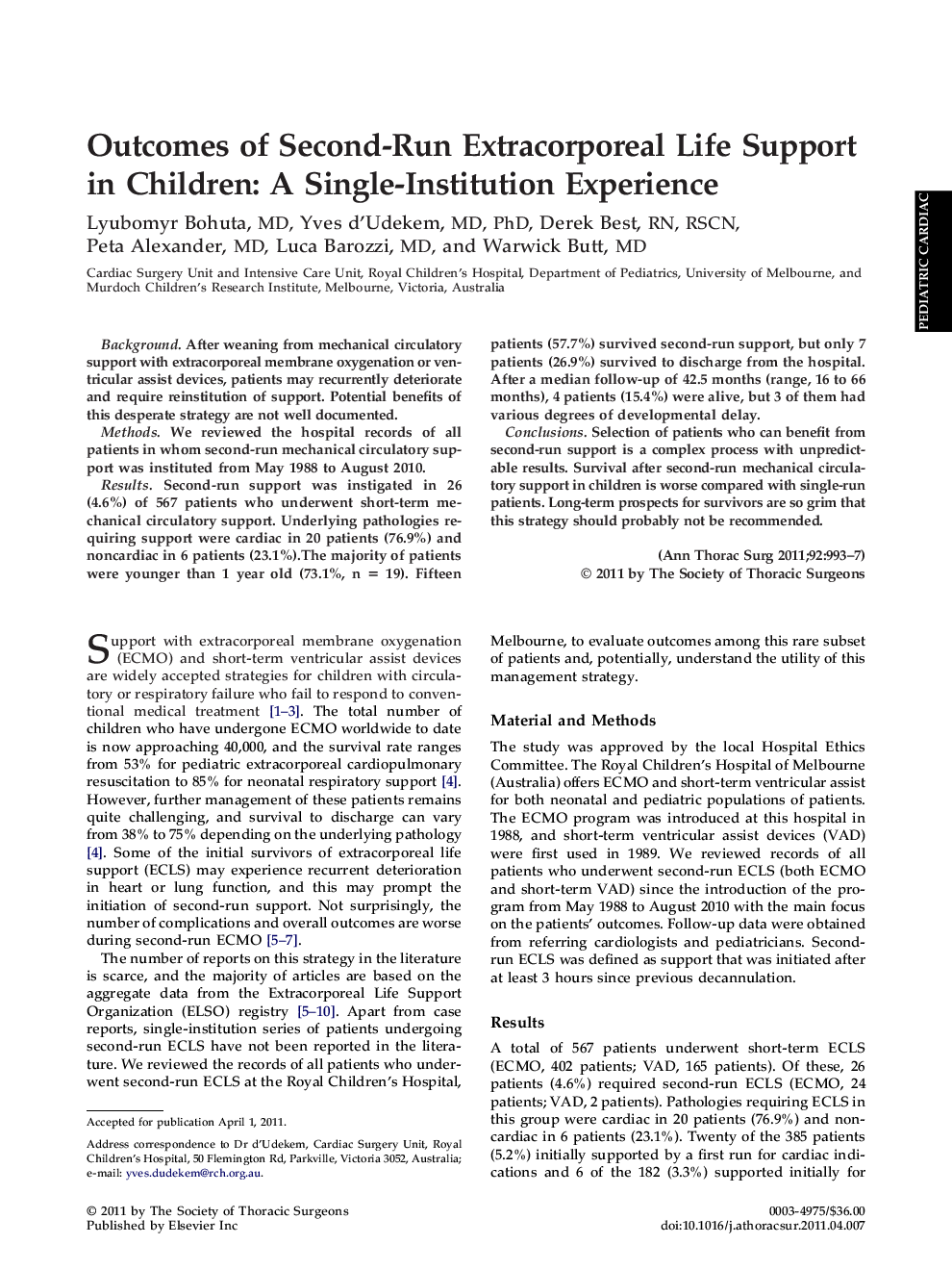 عکس صفحه اول مقاله: Outcomes of Second-Run Extracorporeal Life Support in Children: A Single-Institution Experience Outcomes of Second-Run Extracorporeal Life Support in Children: A Single-Institution Experience