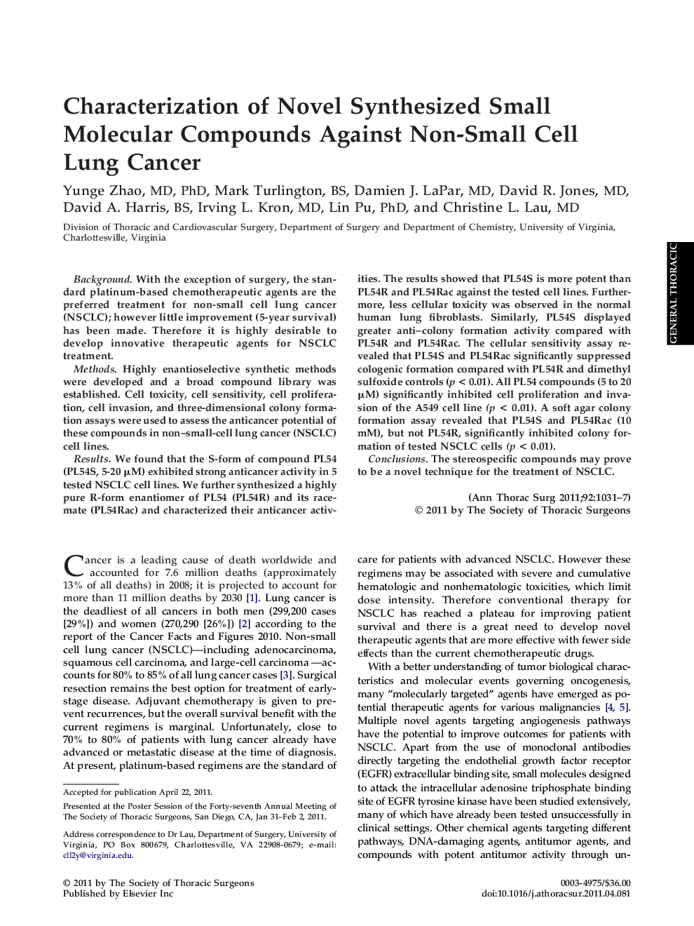 عکس صفحه اول مقاله: Characterization of Novel Synthesized Small Molecular Compounds Against Non-Small Cell Lung Cancer Characterization of Novel Synthesized Small Molecular Compounds Against Non-Small Cell Lung Cancer